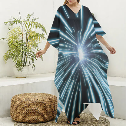 Blue Lightspeed Print Silk V-Neck Kaftan Dress