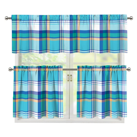 Blue Madras Pattern Print 3 Piece Kitchen Curtains