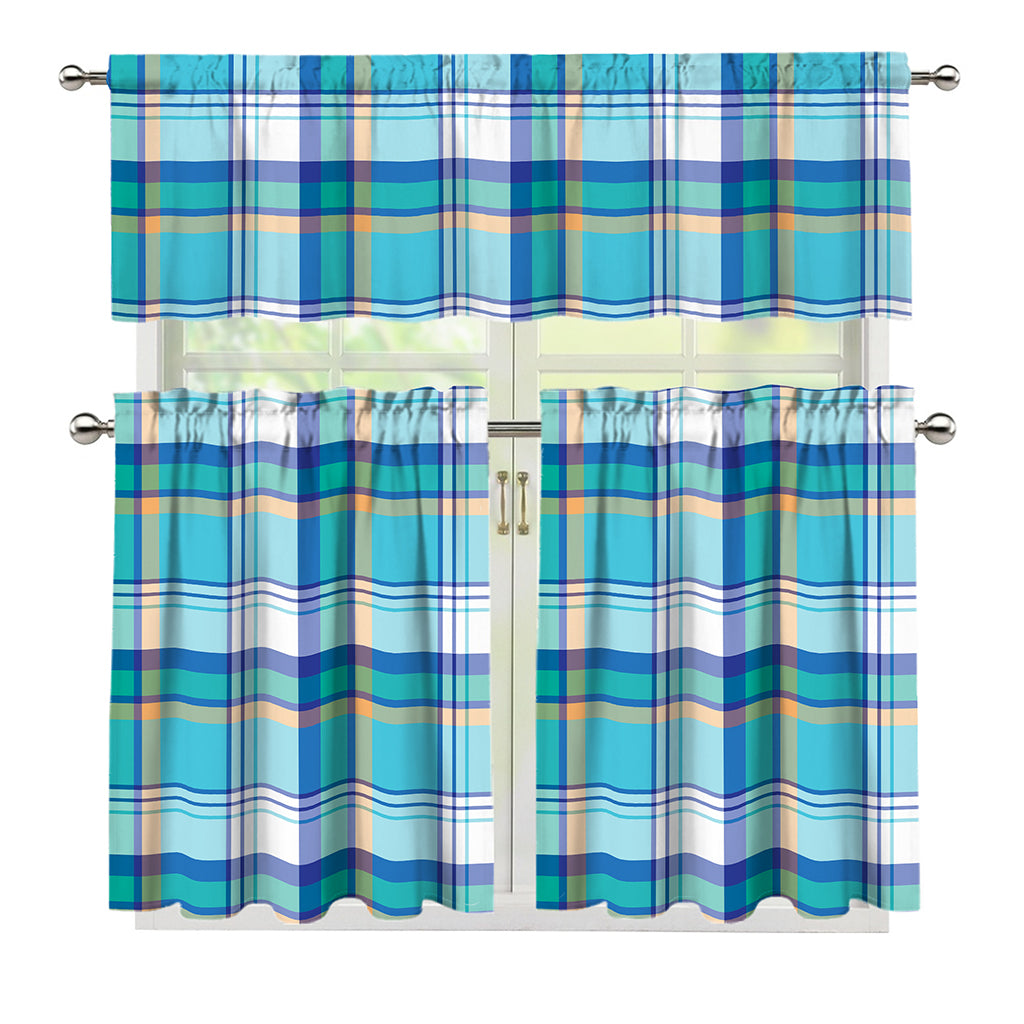 Blue Madras Pattern Print 3 Piece Kitchen Curtains