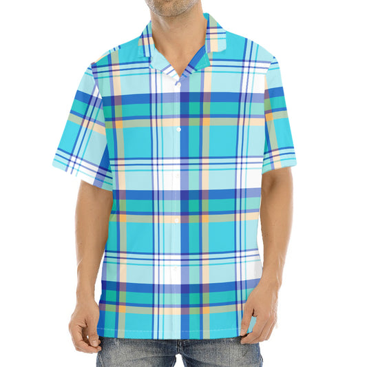 Blue Madras Pattern Print Aloha Shirt
