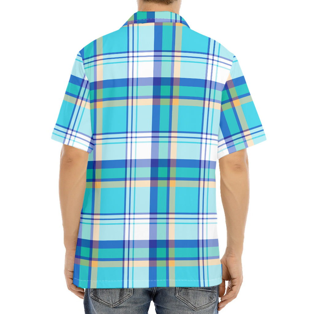 Blue Madras Pattern Print Aloha Shirt