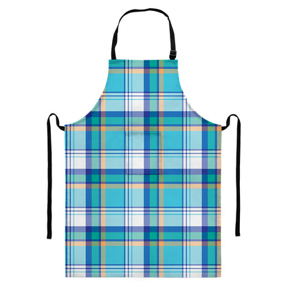 Blue Madras Pattern Print Bib Apron With Pocket