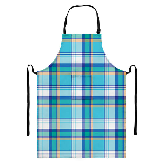 Blue Madras Pattern Print Bib Apron With Pocket