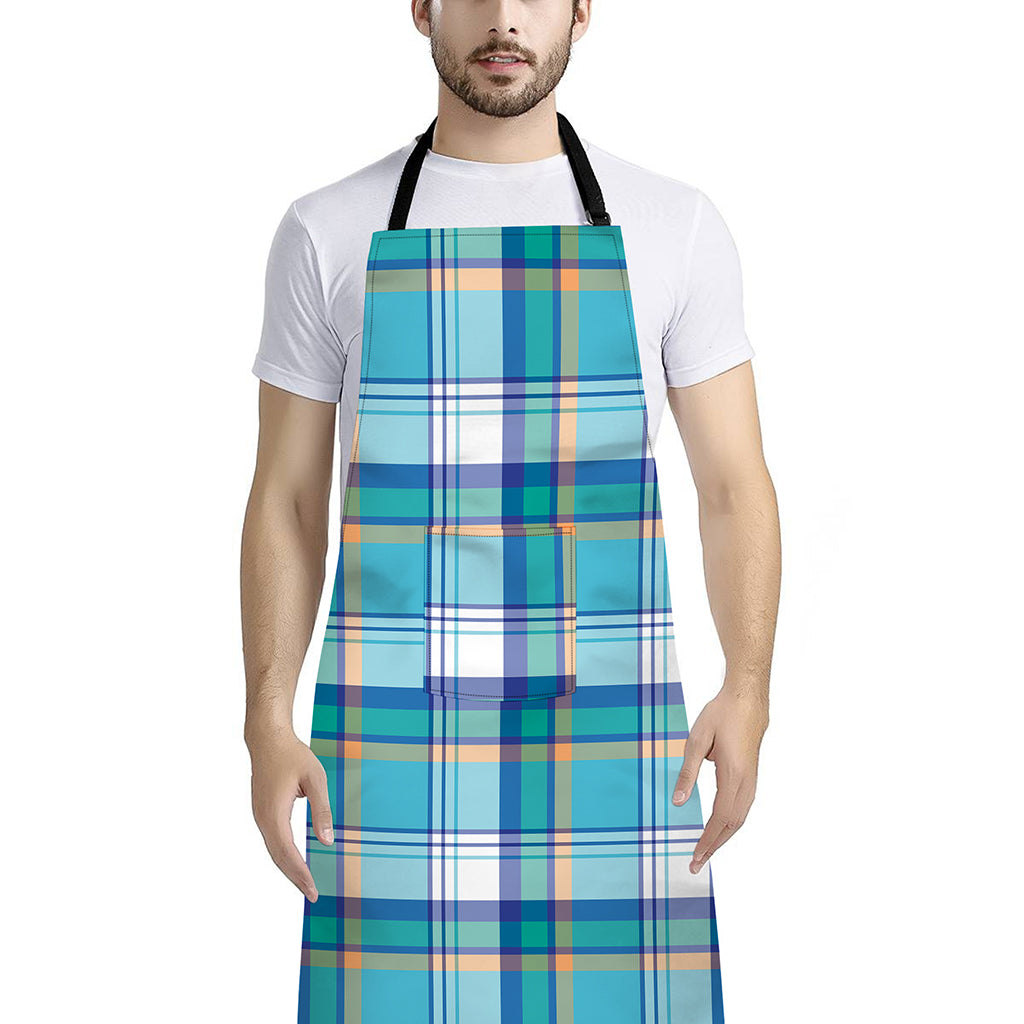 Blue Madras Pattern Print Bib Apron With Pocket