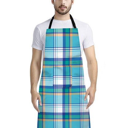 Blue Madras Pattern Print Bib Apron With Pocket