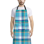 Blue Madras Pattern Print Bib Apron With Pocket