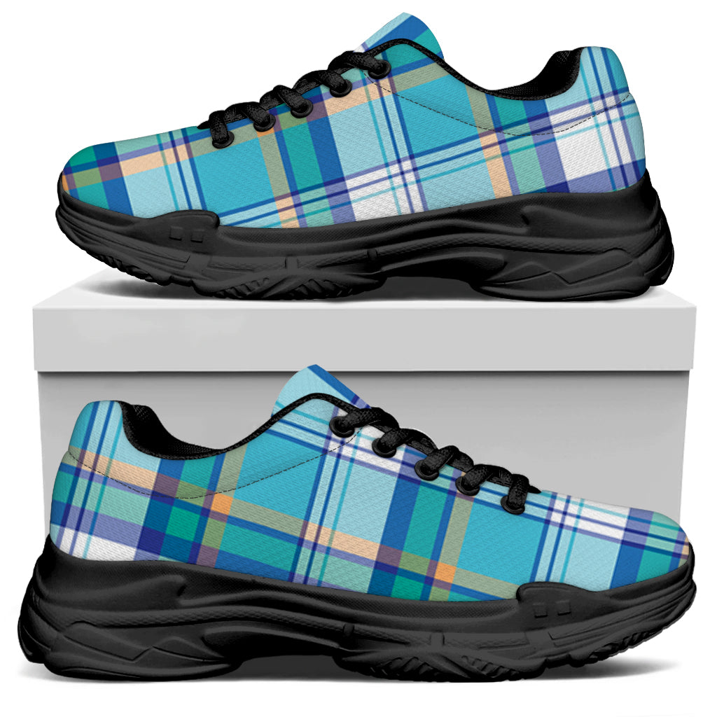 Blue Madras Pattern Print Black Chunky Shoes