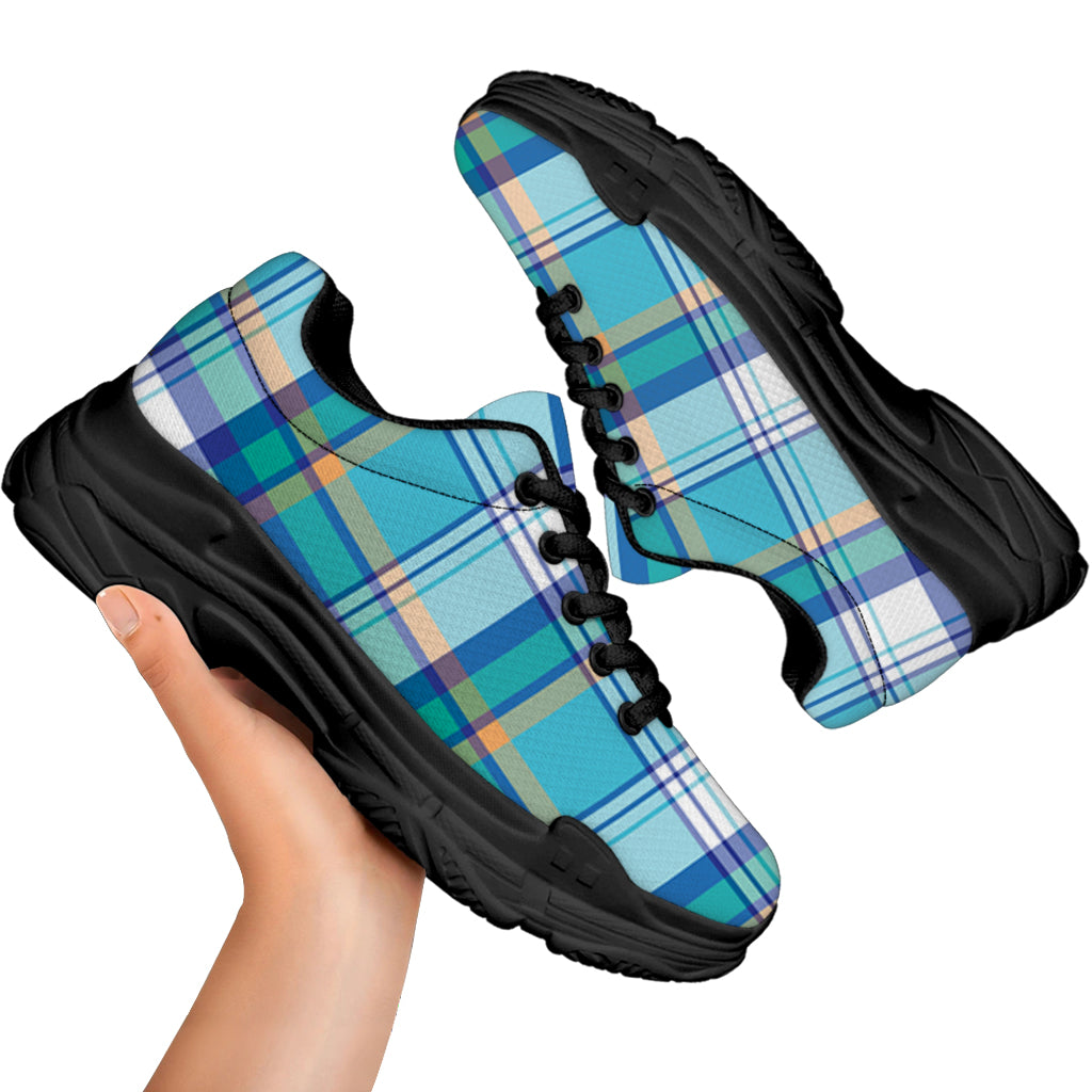Blue Madras Pattern Print Black Chunky Shoes