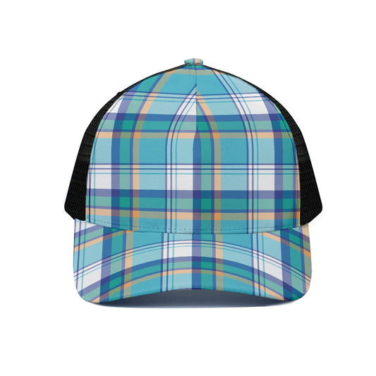 Blue Madras Pattern Print Black Mesh Trucker Cap