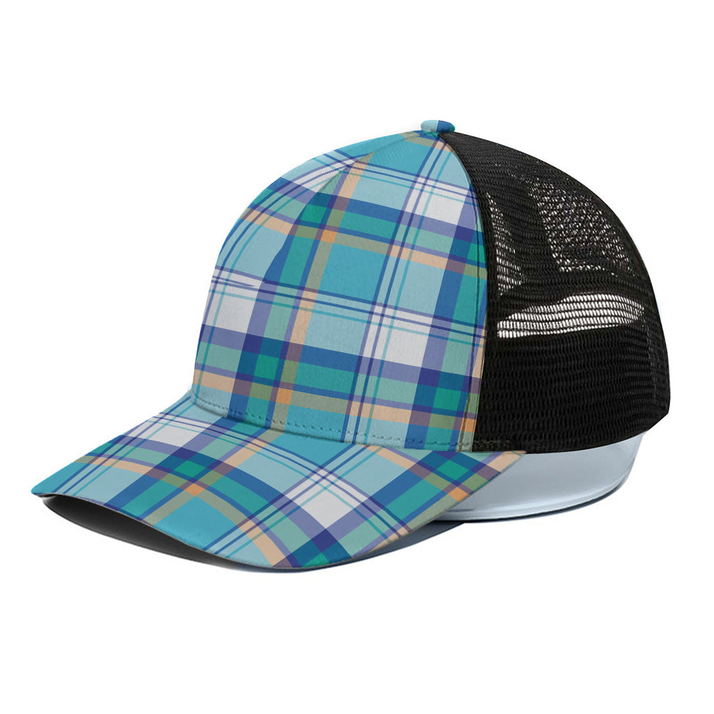 Blue Madras Pattern Print Black Mesh Trucker Cap