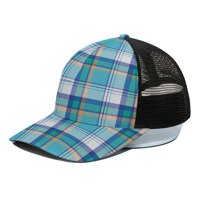 Blue Madras Pattern Print Black Mesh Trucker Cap