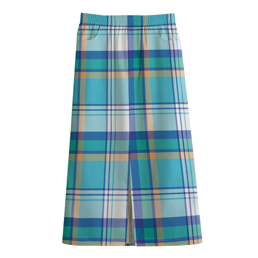 Blue Madras Pattern Print Cotton Front Slit Maxi Skirt
