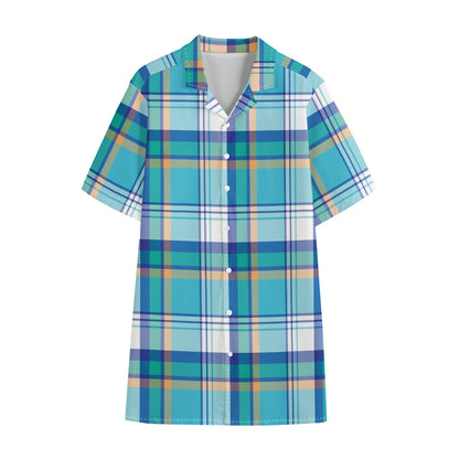 Blue Madras Pattern Print Cotton Hawaiian Shirt