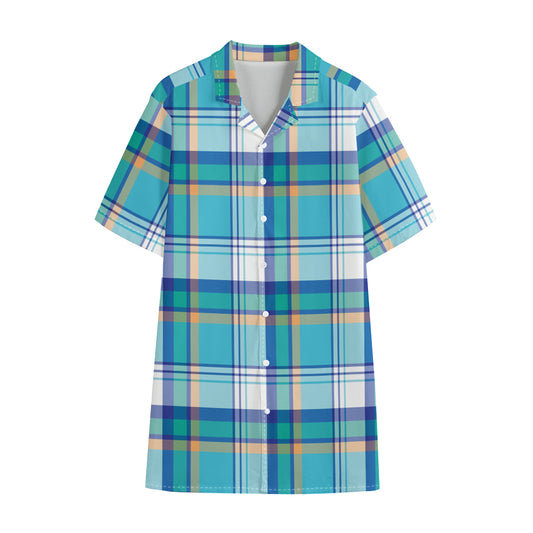 Blue Madras Pattern Print Cotton Hawaiian Shirt