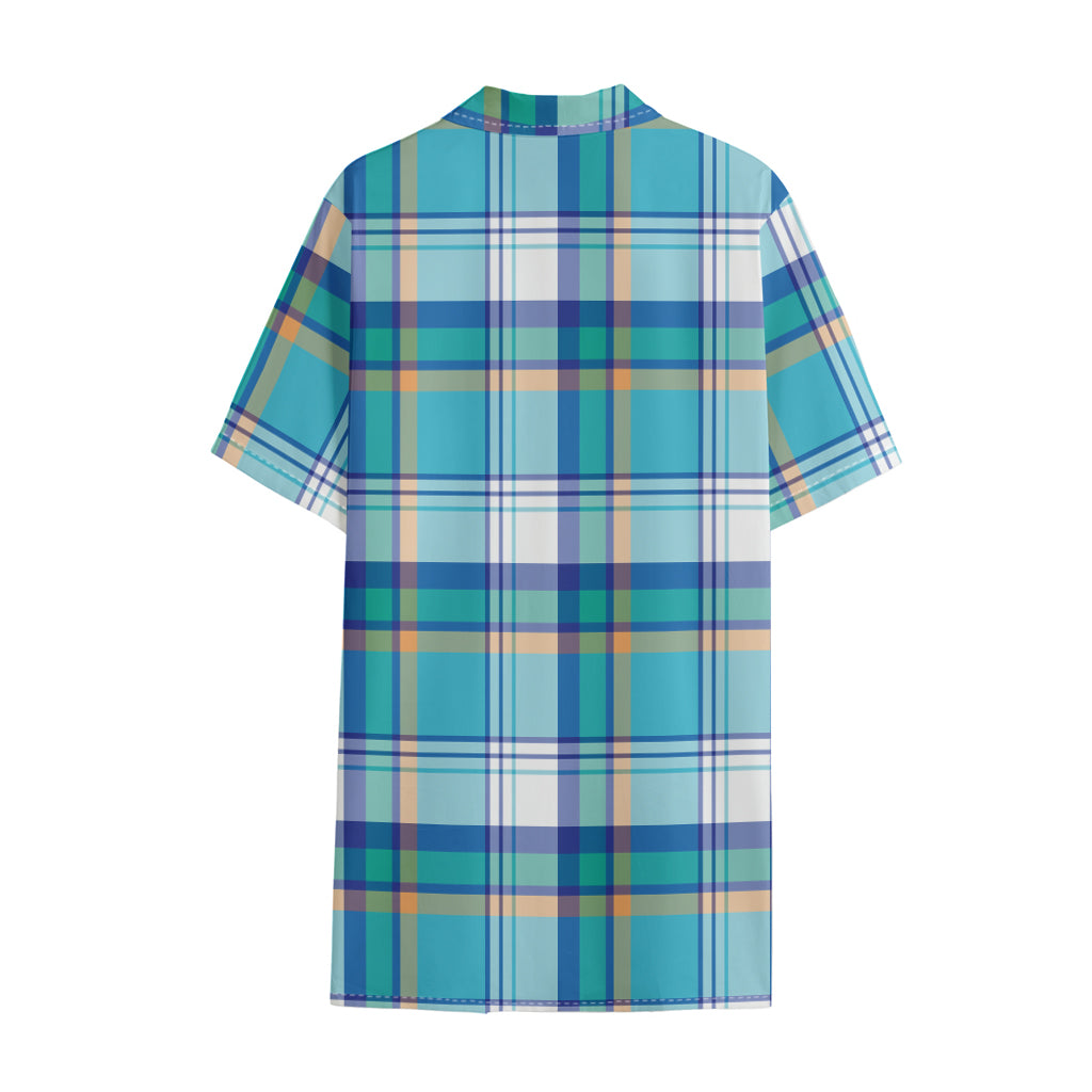 Blue Madras Pattern Print Cotton Hawaiian Shirt