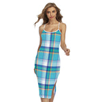 Blue Madras Pattern Print Cross Back Cami Dress