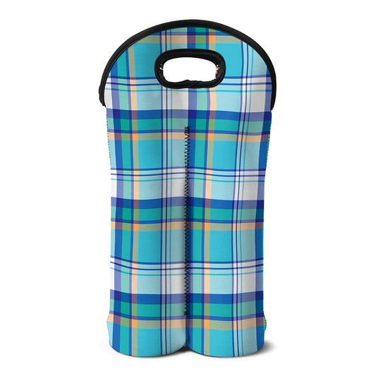 Blue Madras Pattern Print Double Neoprene Wine Tote