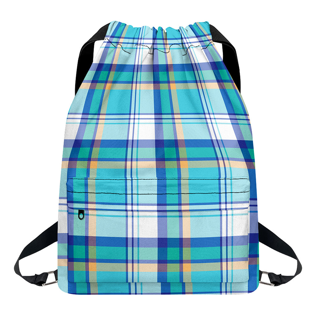 Blue Madras Pattern Print Drawstring Backpack