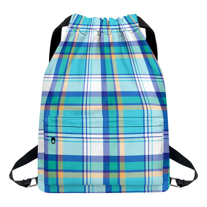 Blue Madras Pattern Print Drawstring Backpack