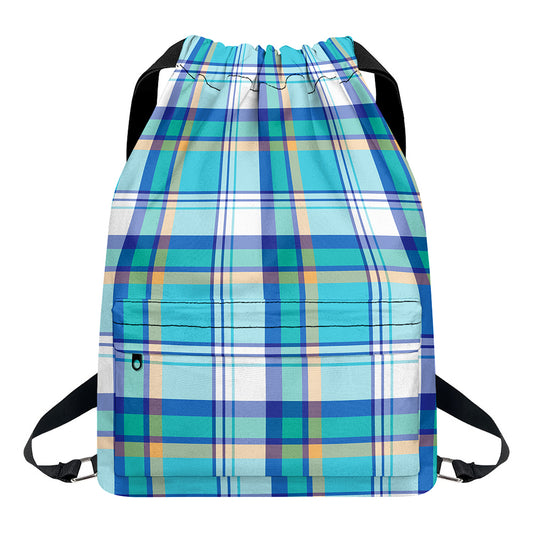 Blue Madras Pattern Print Drawstring Backpack