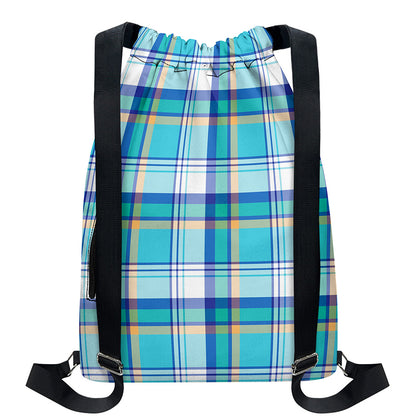 Blue Madras Pattern Print Drawstring Backpack