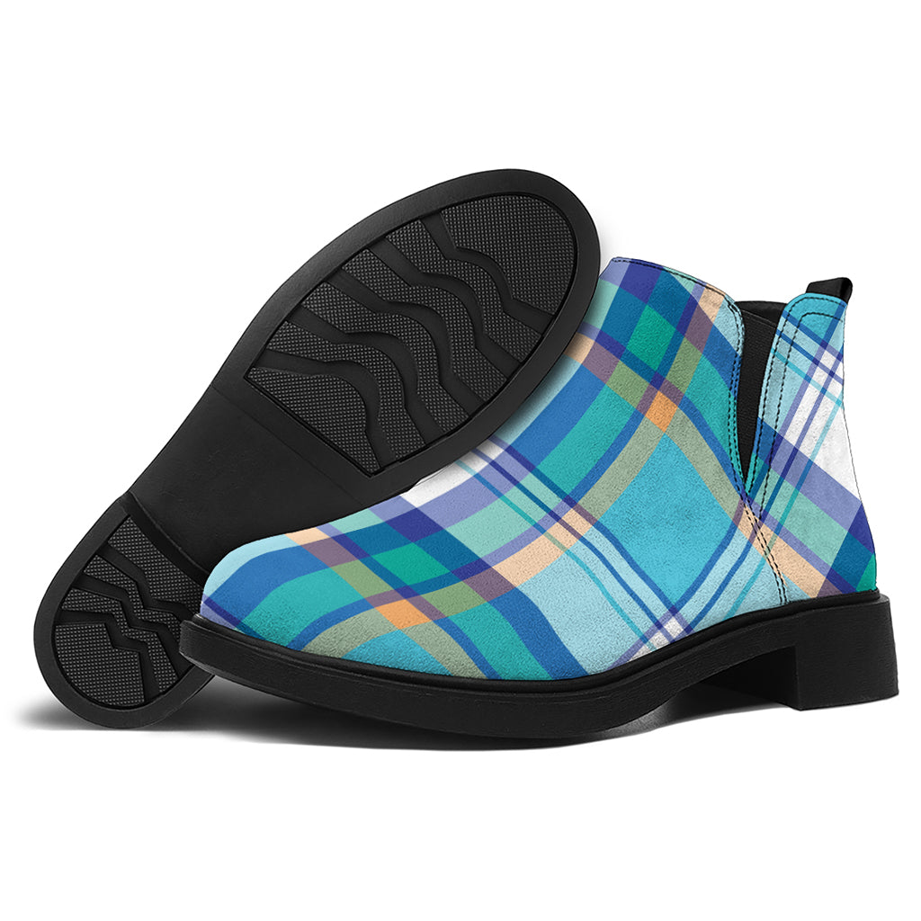 Blue Madras Pattern Print Flat Ankle Boots