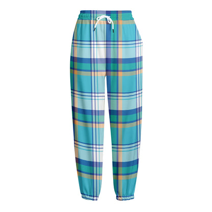 Blue Madras Pattern Print Fleece Lined Knit Pants