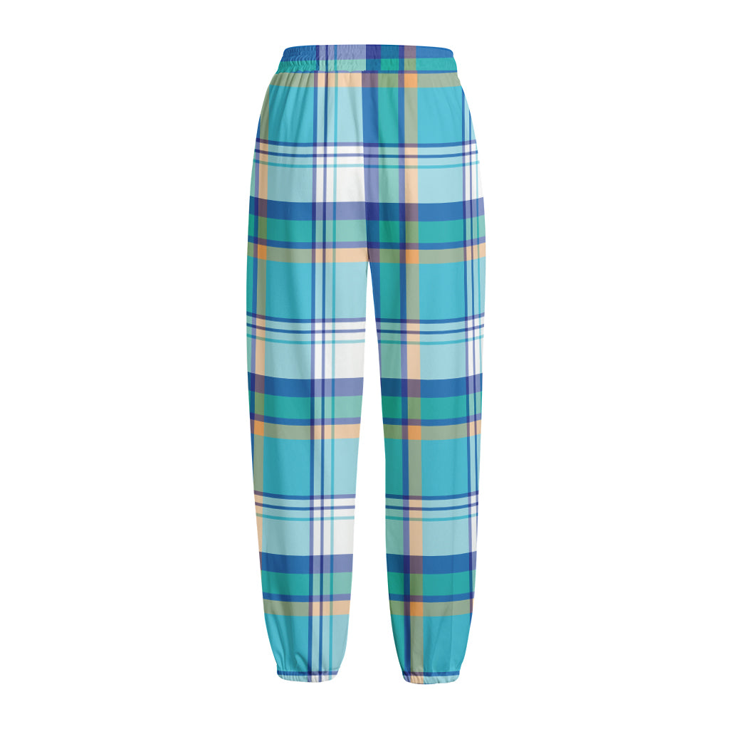 Blue Madras Pattern Print Fleece Lined Knit Pants