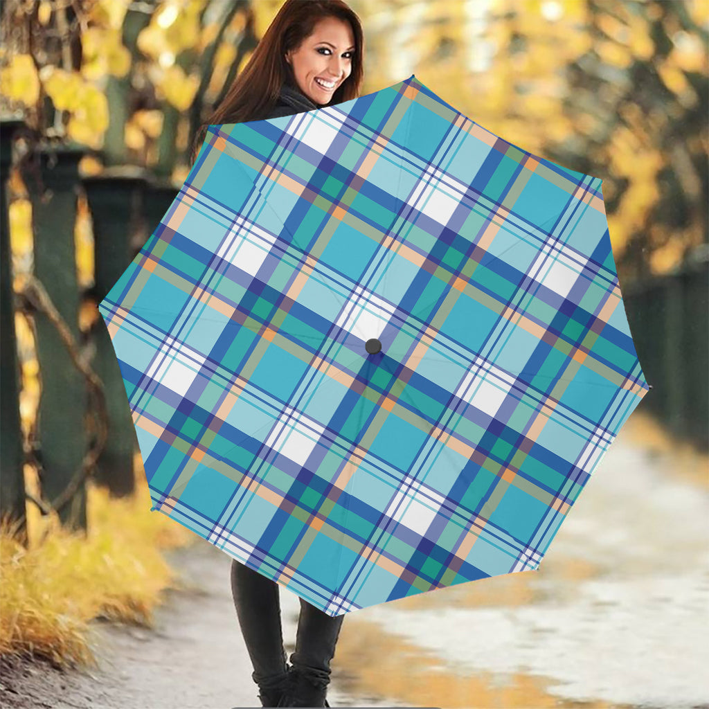 Blue Madras Pattern Print Foldable Umbrella