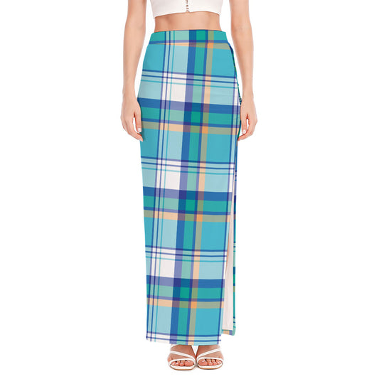 Blue Madras Pattern Print High Slit Maxi Skirt