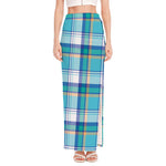 Blue Madras Pattern Print High Slit Maxi Skirt