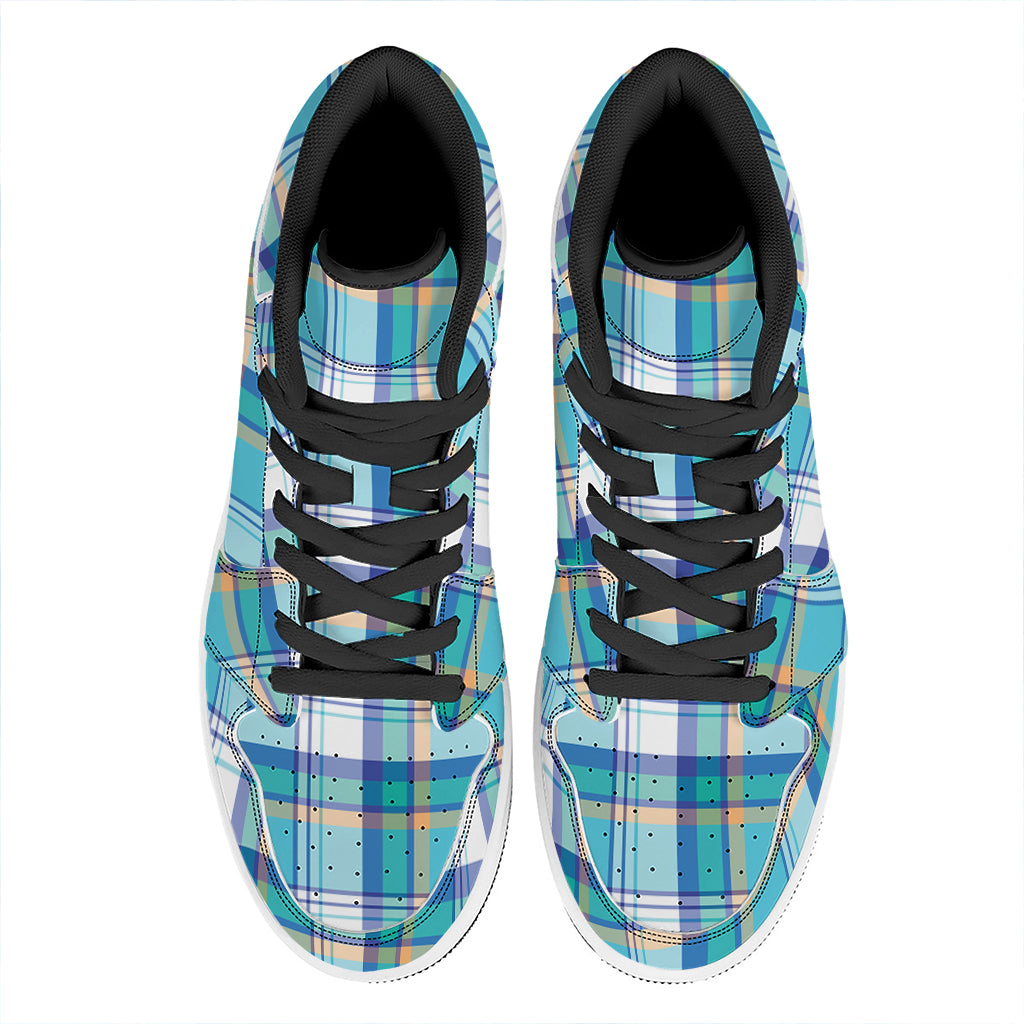 Blue Madras Pattern Print High Top Leather Sneakers