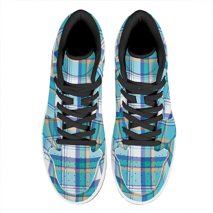 Blue Madras Pattern Print High Top Leather Sneakers
