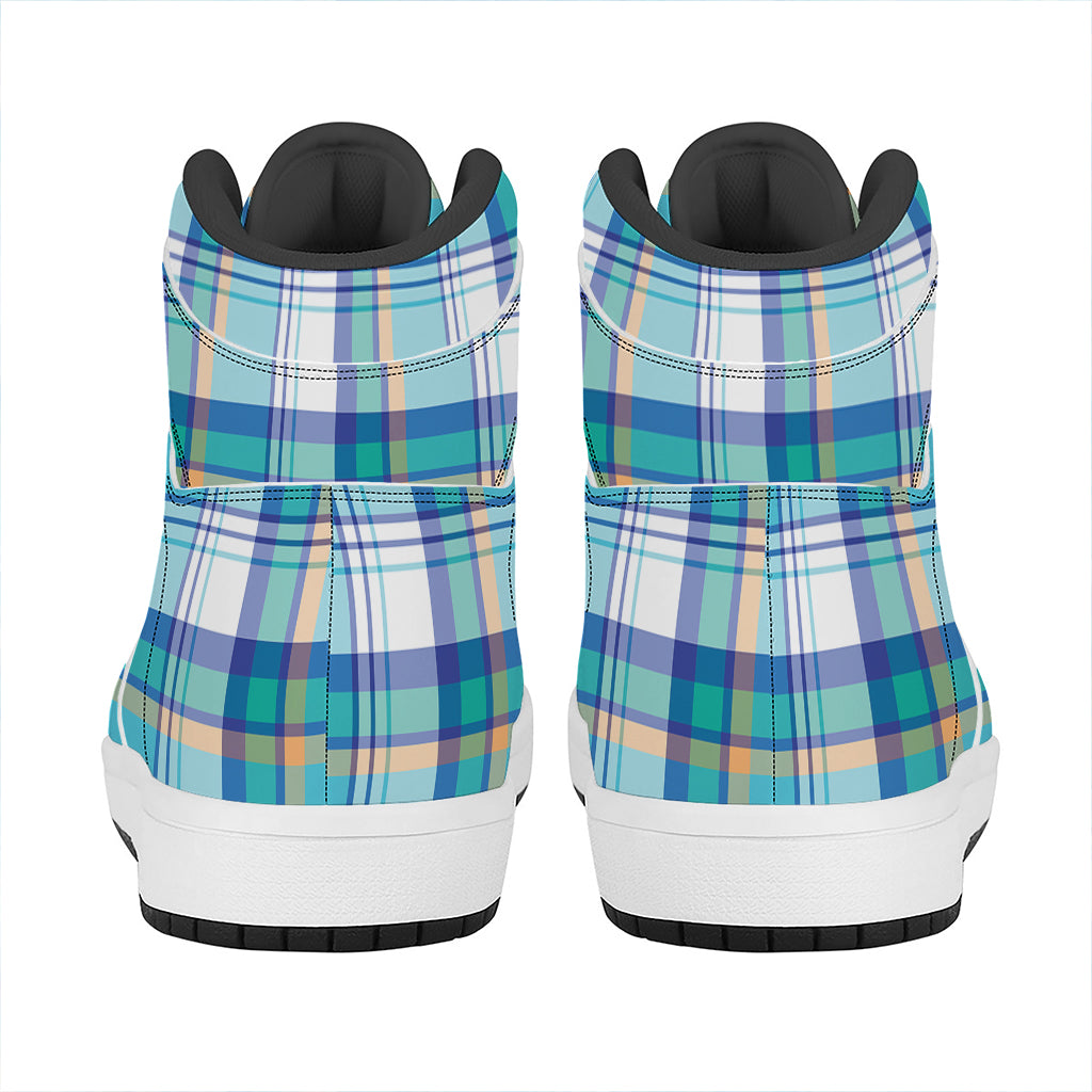 Blue Madras Pattern Print High Top Leather Sneakers