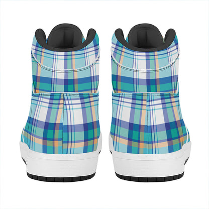Blue Madras Pattern Print High Top Leather Sneakers