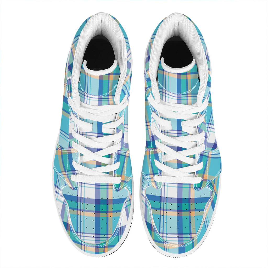 Blue Madras Pattern Print High Top Leather Sneakers