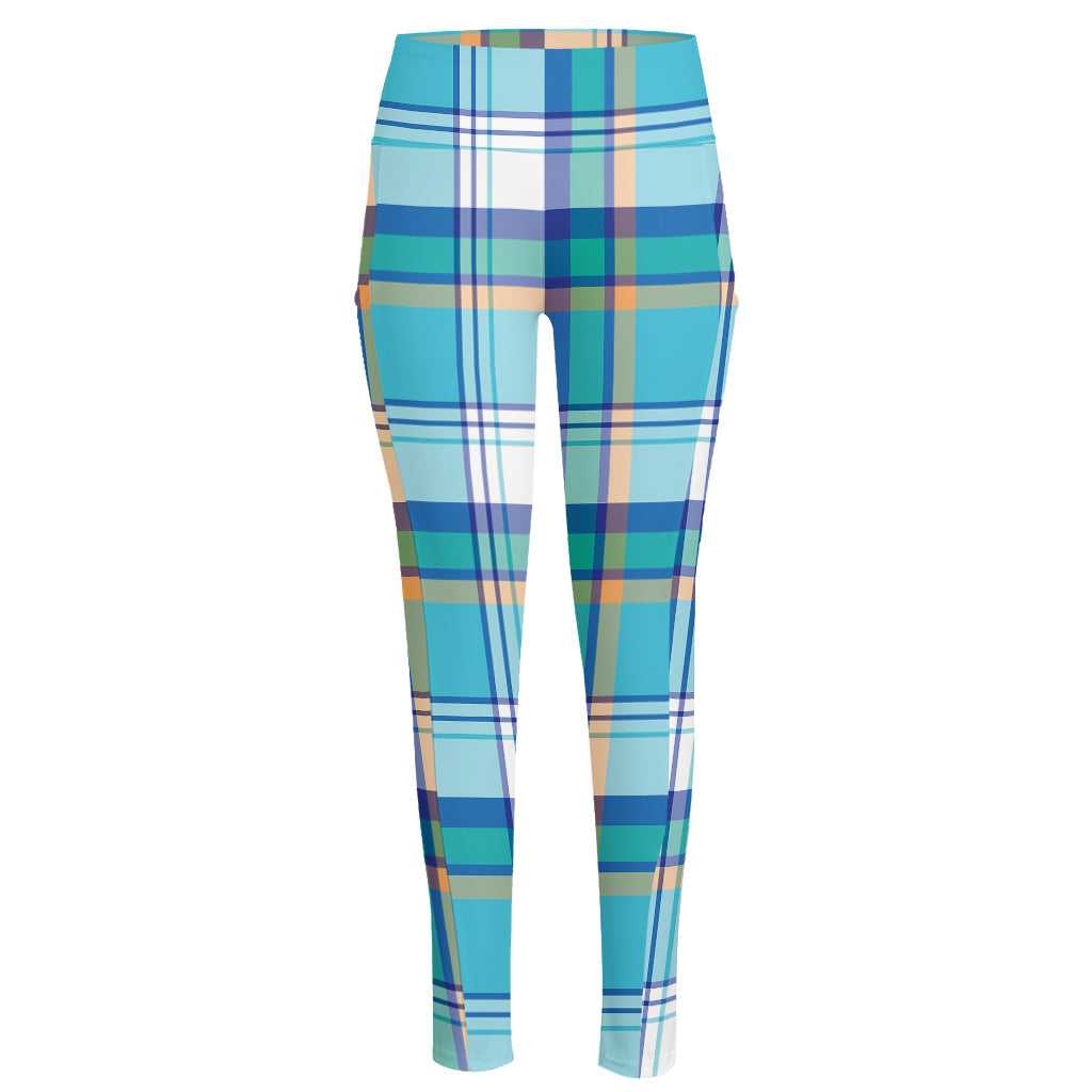 Blue Madras Pattern Print High-Waisted Pocket Leggings