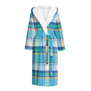 Blue Madras Pattern Print Hooded Bathrobe