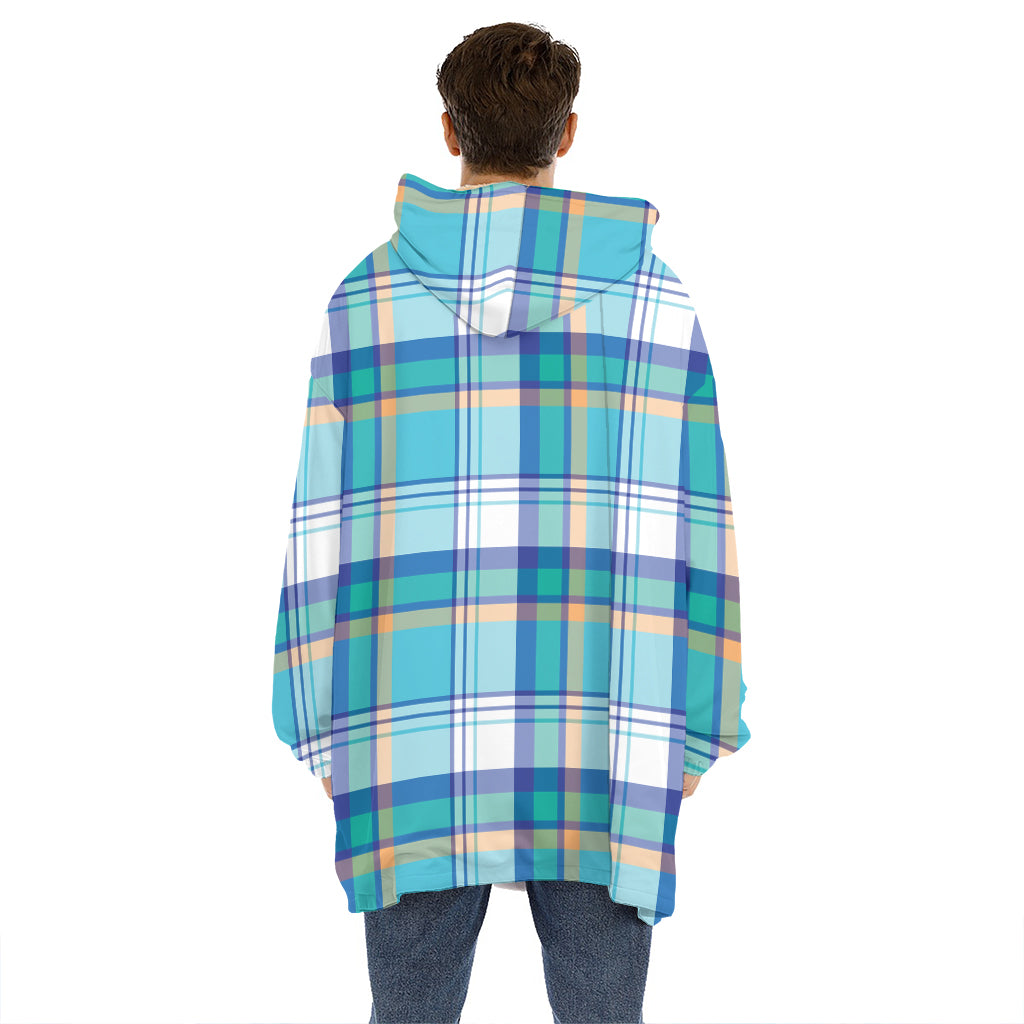 Blue Madras Pattern Print Hoodie Blanket