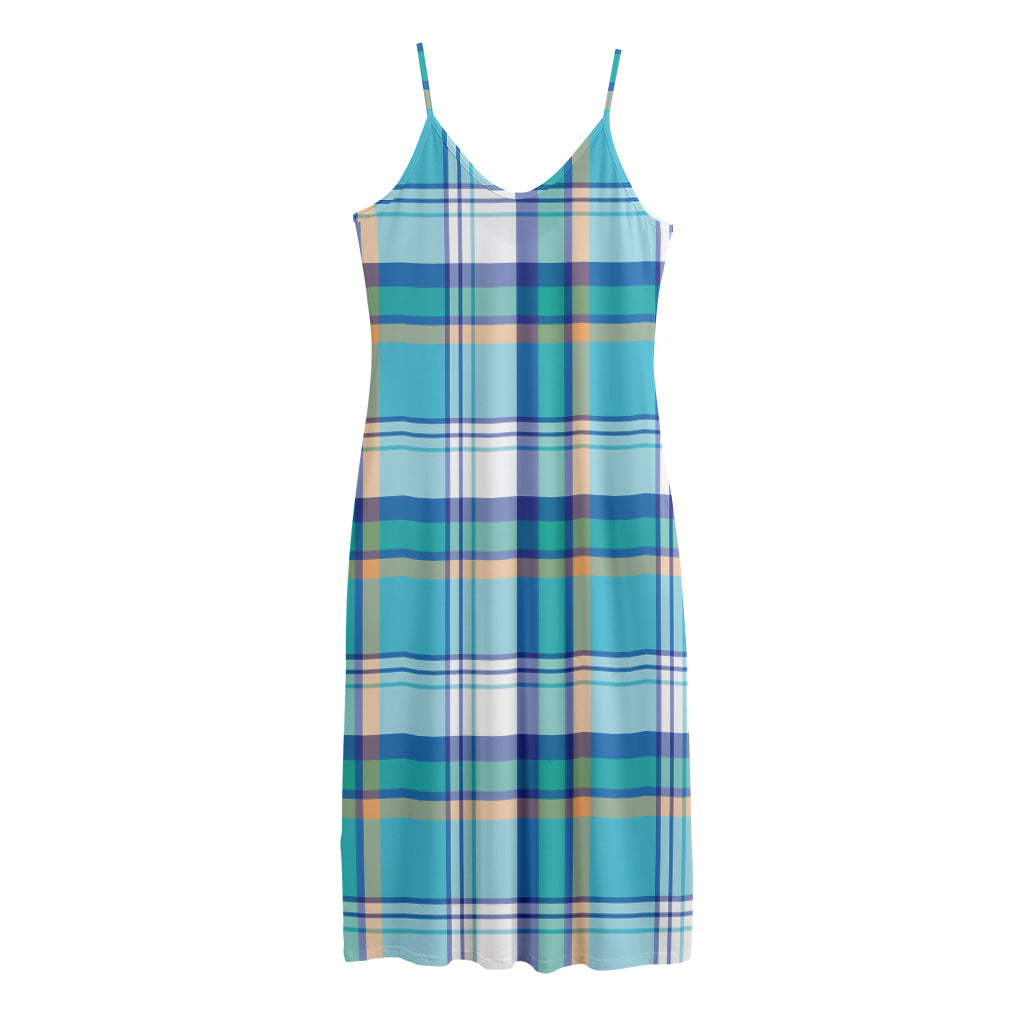 Blue Madras Pattern Print Jersey Midi Cami Dress