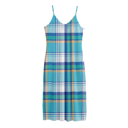 Blue Madras Pattern Print Jersey Midi Cami Dress