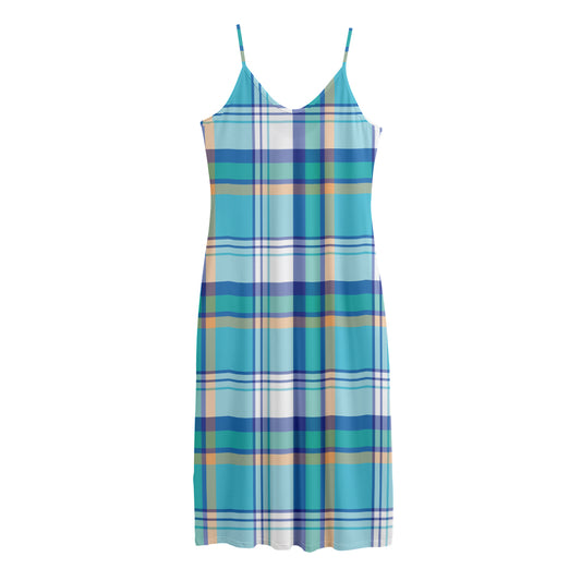Blue Madras Pattern Print Jersey Midi Cami Dress