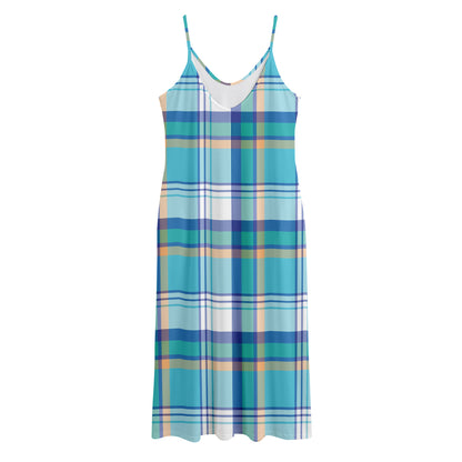 Blue Madras Pattern Print Jersey Midi Cami Dress