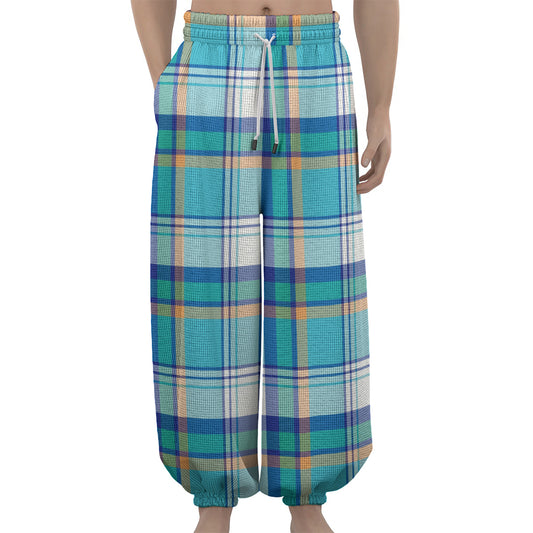 Blue Madras Pattern Print Lantern Pants