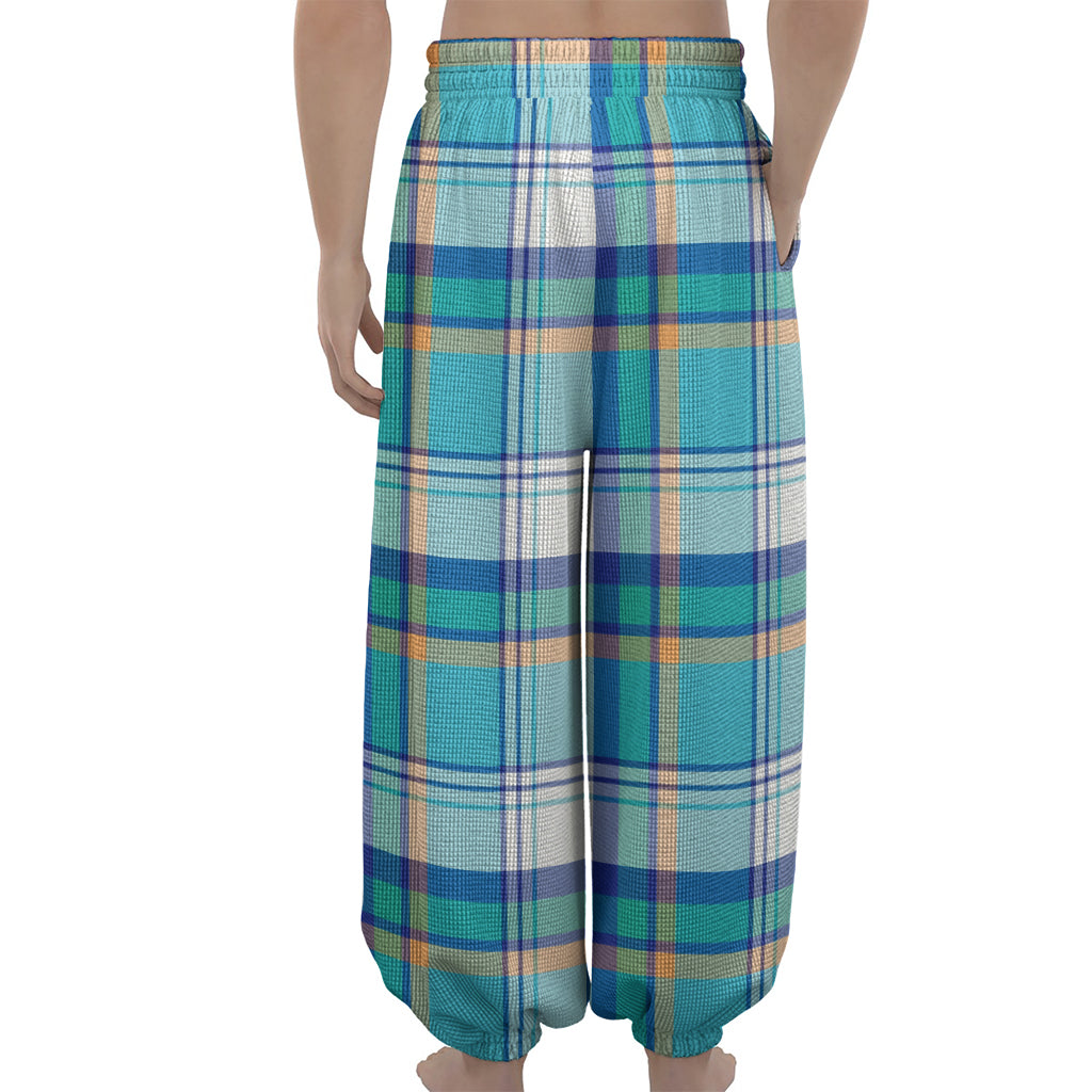 Blue Madras Pattern Print Lantern Pants