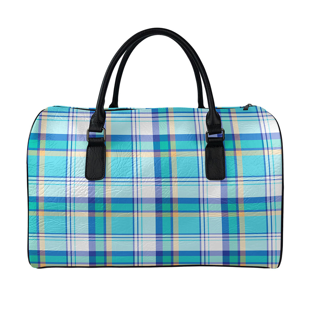 Blue Madras Pattern Print Leather Duffle Bag