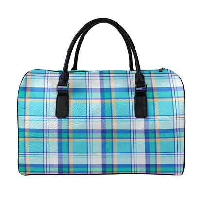 Blue Madras Pattern Print Leather Duffle Bag
