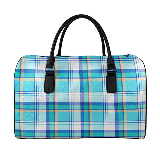 Blue Madras Pattern Print Leather Duffle Bag