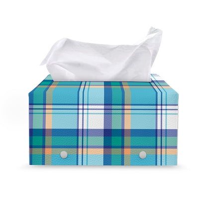 Blue Madras Pattern Print Leather Tissue Box Cover