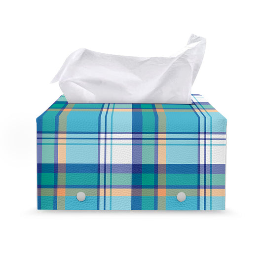 Blue Madras Pattern Print Leather Tissue Box Cover